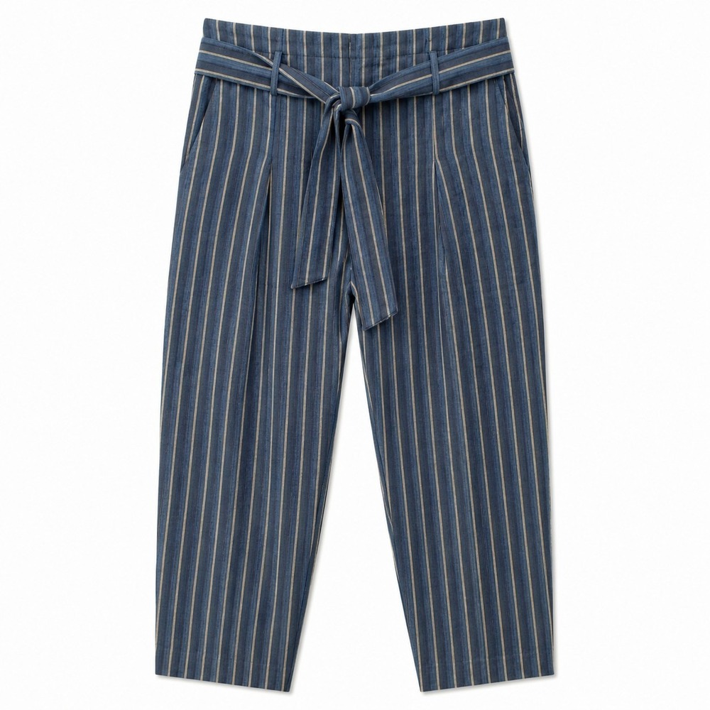 LRL Ralph Lauren Linen Blend Pleat Front High Waist Pant Sz 12 Blue Stripe EUC